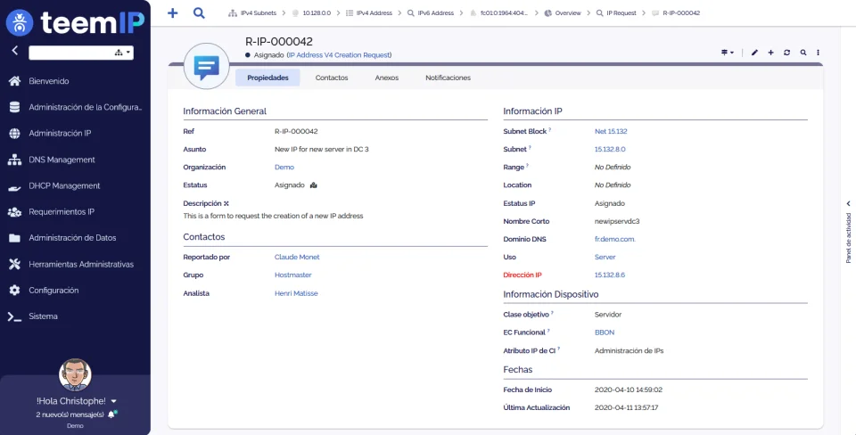 Captura de pantalla de teemIP - Solicitud IPv4