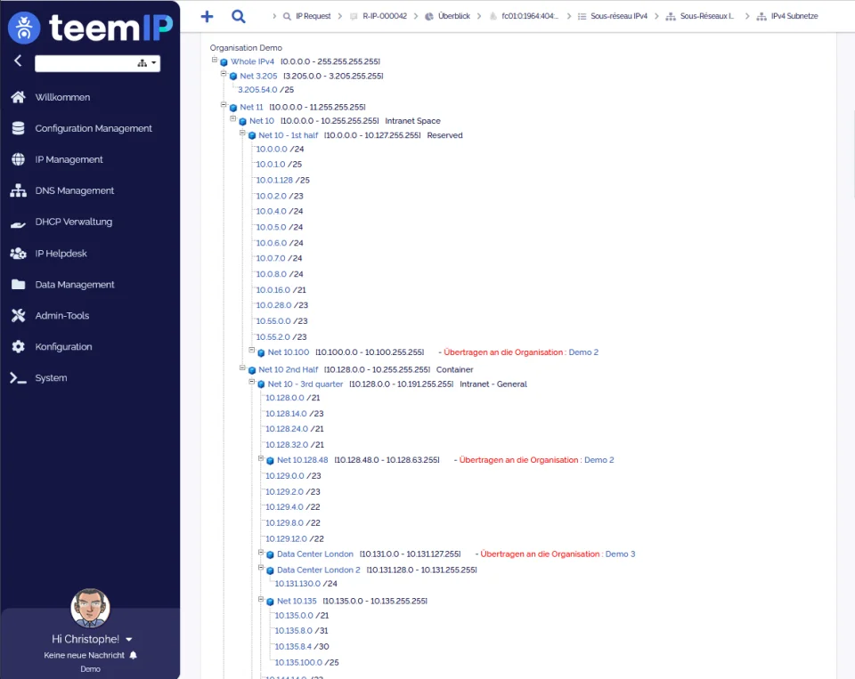teemIP Screenshot - Subnetzliste