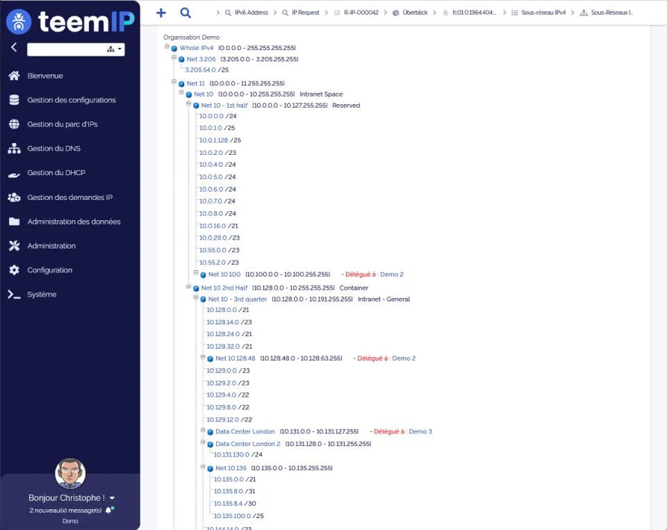 Capture d'écran teemIP - Liste des sous-réseaux